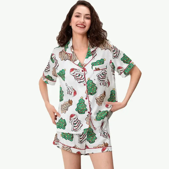 Wholesale Christmas Print Short-Sleeve Button-Down Shirt Pajama and Shorts Set