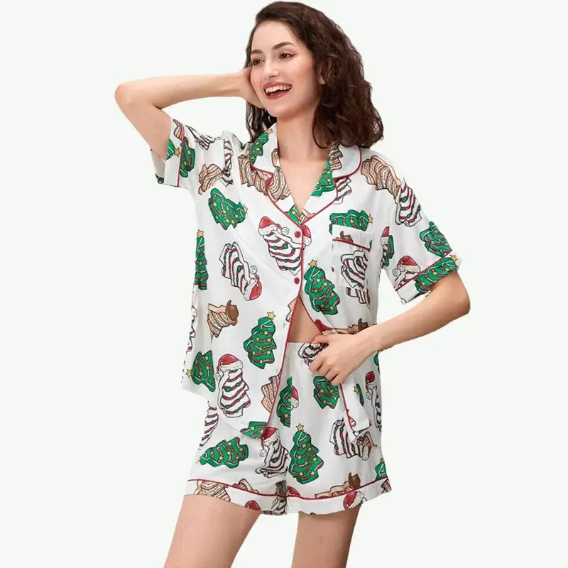 Wholesale Christmas Print Short-Sleeve Button-Down Shirt Pajama and Shorts Set