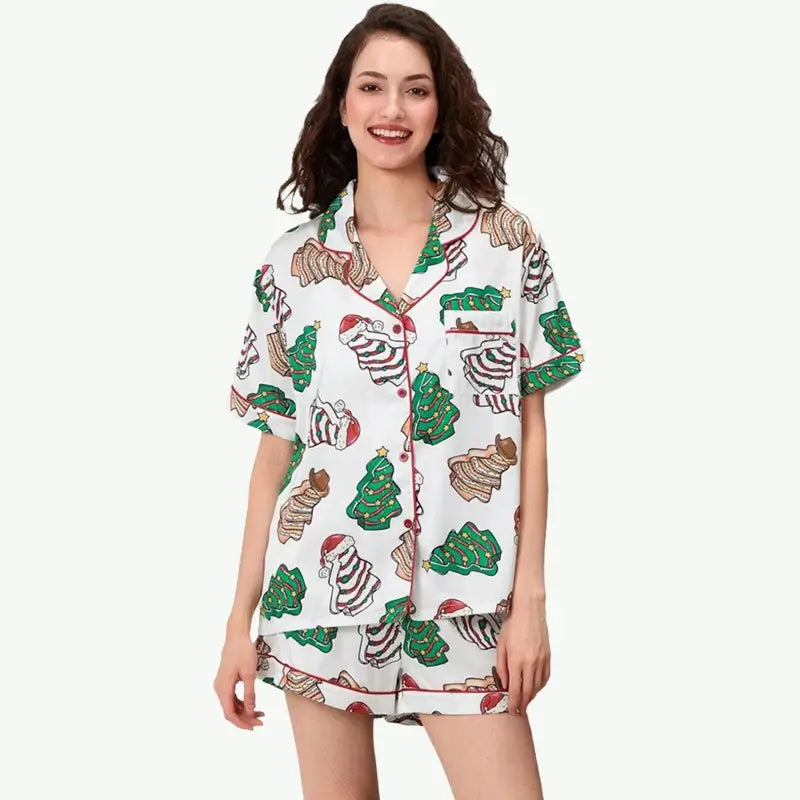Wholesale Christmas Print Short-Sleeve Button-Down Shirt Pajama and Shorts Set