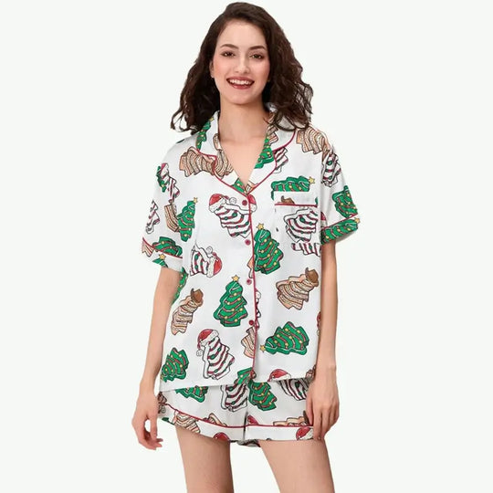 Wholesale Christmas Print Short-Sleeve Button-Down Shirt Pajama and Shorts Set