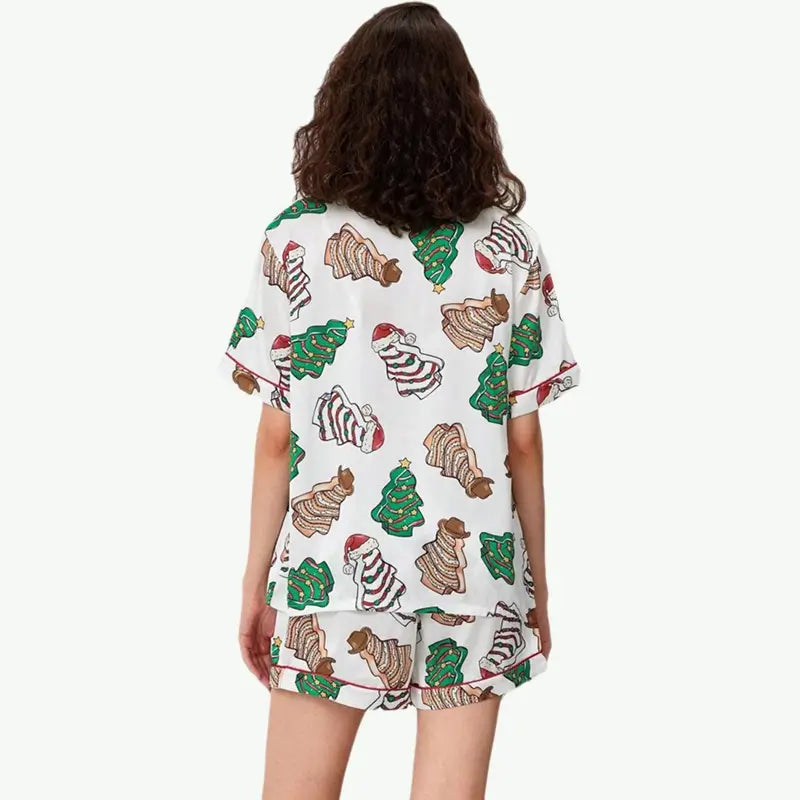 Wholesale Christmas Print Short-Sleeve Button-Down Shirt Pajama and Shorts Set