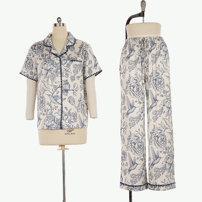 Vintage Bird & Floral Print Pjs Wholesale Scalloped Trim Sleepwear