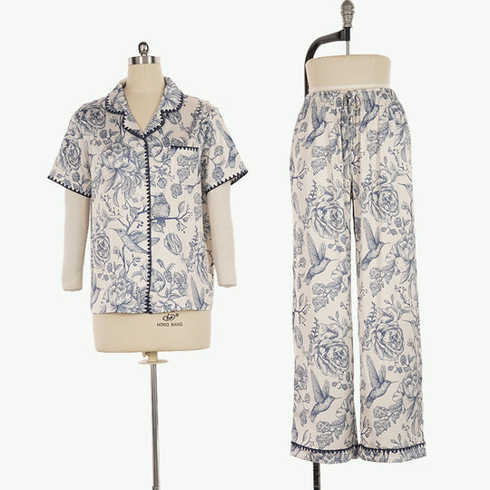Vintage Bird & Floral Print Pjs Wholesale Scalloped Trim Sleepwear