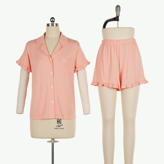 Custom Solid Ruffled Cotton Pajama Sets in Bulk