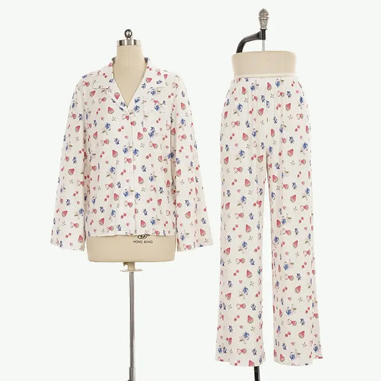 Private Label Cozy Sweet Fruit Print Long Sleeve Shirt & Trousers Pyjama Set Wholesale