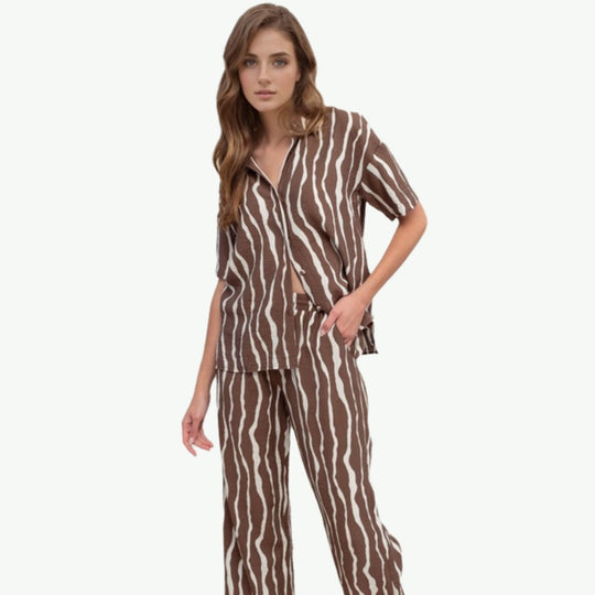 Luxury Wavy Stripe Bamboo Silk Shirt Pyjama Set Wholesale Factory