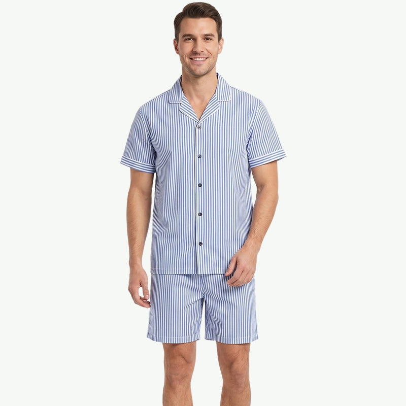 Wholesale Men Organic Cotton Striped Pajama Set Short Sleeve Sleepwear