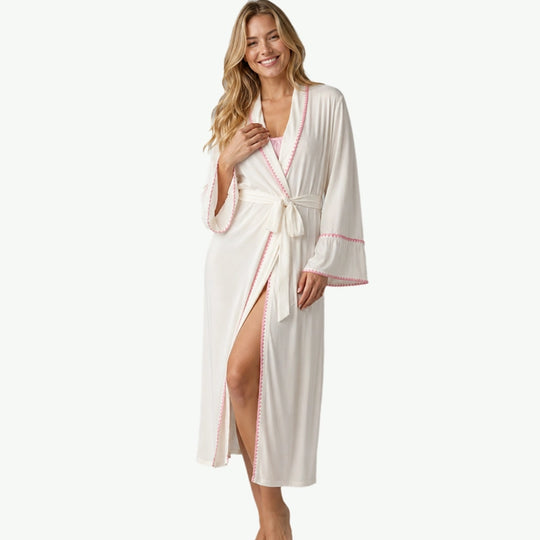 Bulk Personalized Soft Bamboo Ladies Bathrobes with Pink Crochet Trim Accent