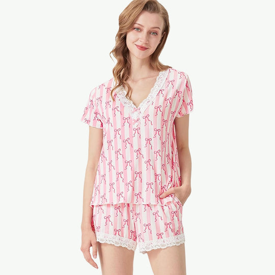 Bowknot Vertical Striped Lace Trim Short Sleepwear Wholesale Supplier