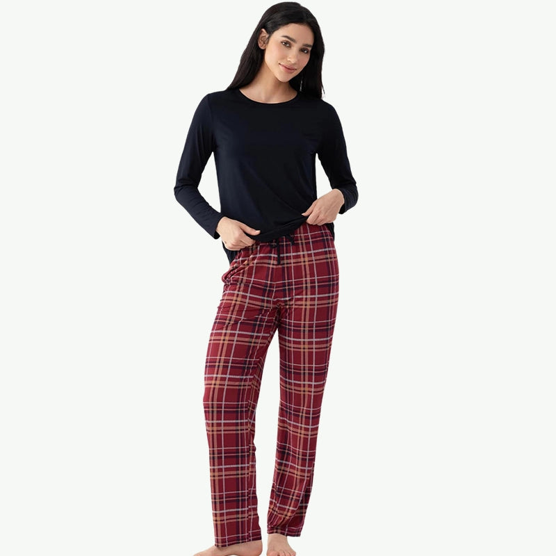 Womens Modal Loungewear Custom Plaid Sleepwear Set Wholesale