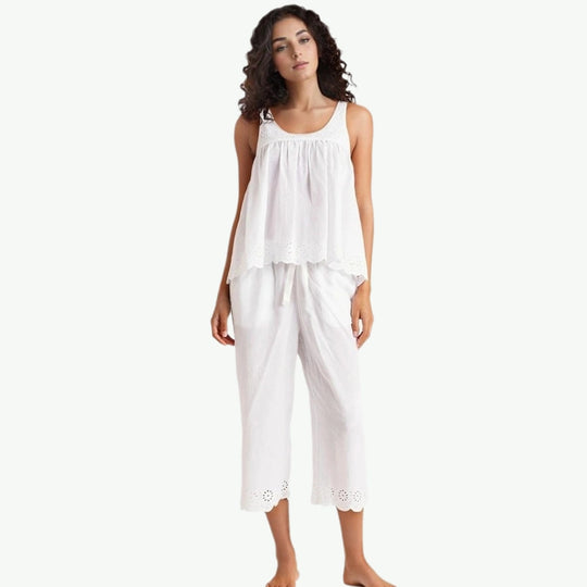 Plain Embroidery Sleeveless 3/4 Pant PJ Set Wholesale Cotton Sleepwear