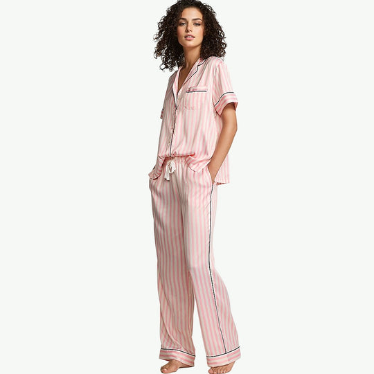 Brandable Pink Striped Women Pajama Set Wholesale Button Down Sleepwear