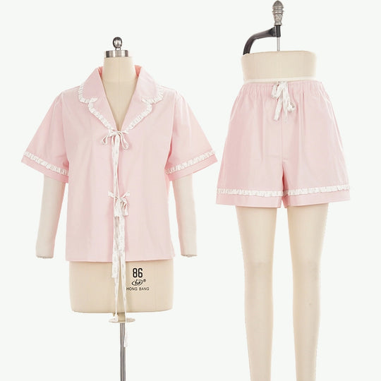 Summer Cute Ruffle Collar Tie Front Pajama Set Wholesale Vendors USA