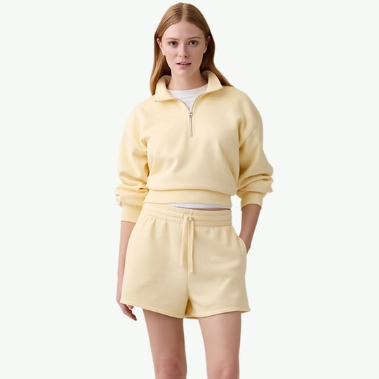 Custom Loungewear Wholesale Women Bamboo Half-Zip Shorts Set