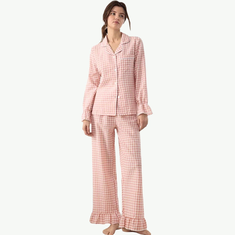 Pink Gingham Ruffle Cotton Pajamas Wholesale Manufacturer