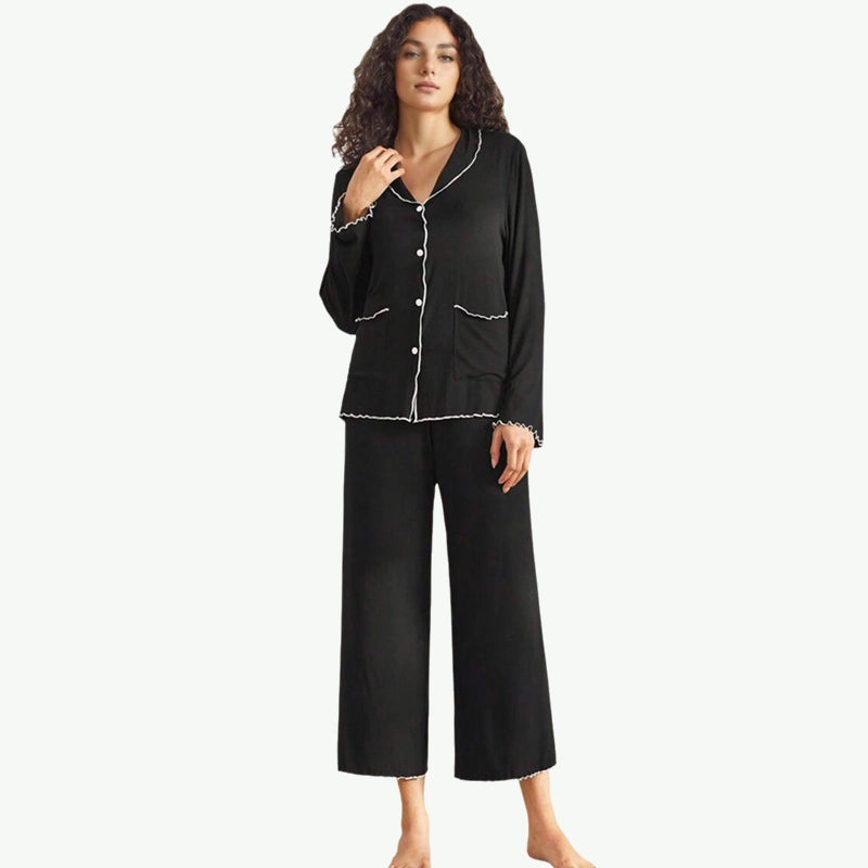Premium Contrast Frill Ribbed Button-Down Pajama Set Bulk Womens Loungewear