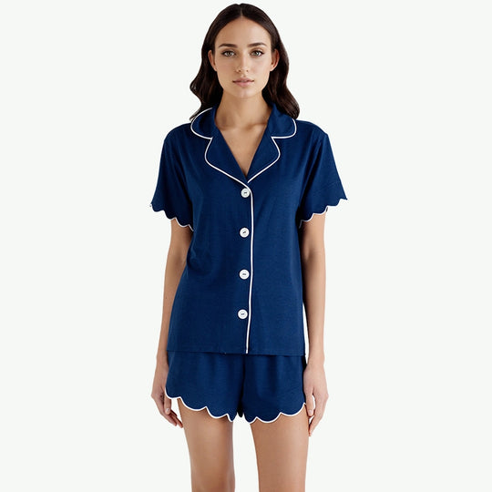 Manufacturers Custom Modal Sleepwear Shorts Set With Scalloped Trim