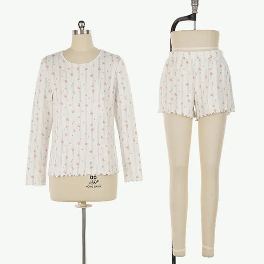 Women's Floral Pajama Set Wholesale Supplier - Long Sleeve & Lettuce Trim Shorts