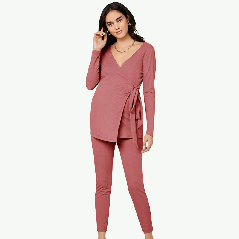 Rib-knit Wrap Front Nursing Top & Leggings Maternity Pajama Wholesale