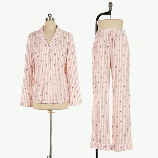 Pink Striped Custom Floral Print Women Pajama Sets Wholesale Vendors
