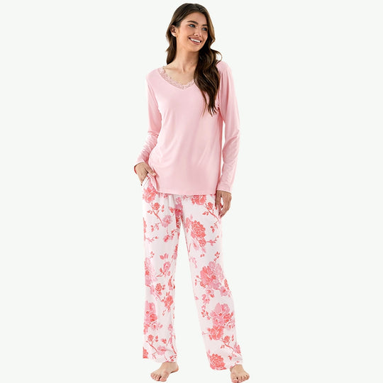 Bulk Lace V - Neck Tencel Modal  Pajamas Wholesale Floral Lounge Sets