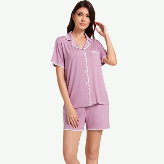 Custom Wholesale Women Rickrack Trim Short Pajama Set-2311820045