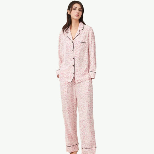 Popular Pink Leopard Print Long sleeve +Trousers Women Custom Sleepwear Supplier