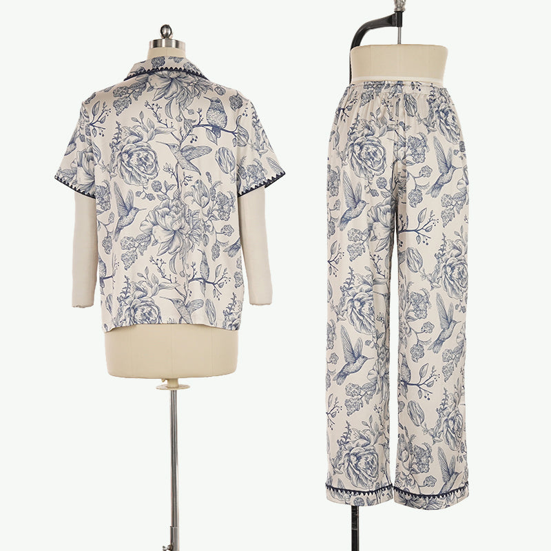 Vintage Bird & Floral Print Pjs Wholesale Scalloped Trim Sleepwear