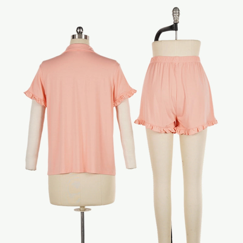 Custom Solid Ruffled Cotton Pajama Sets in Bulk