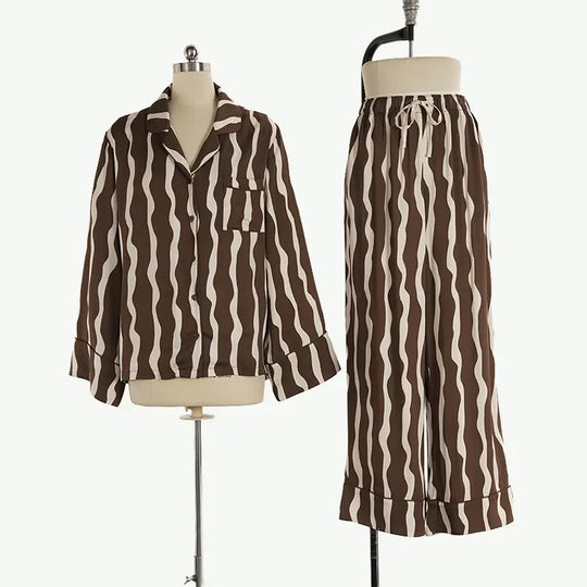 Luxury Wavy Stripe Bamboo Silk Shirt Pyjama Set Wholesale Factory