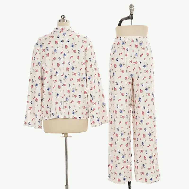 Private Label Cozy Sweet Fruit Print Long Sleeve Shirt & Trousers Pyjama Set Wholesale