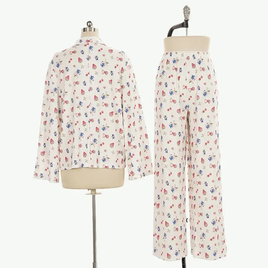 Private Label Cozy Sweet Fruit Print Long Sleeve Shirt & Trousers Pyjama Set Wholesale