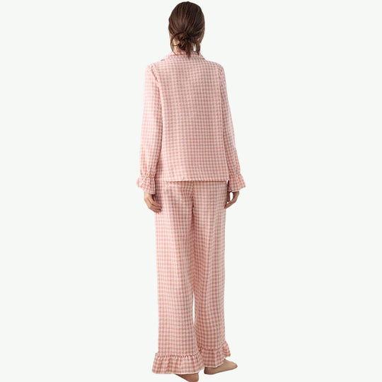 Pink Gingham Ruffle Cotton Pajamas Wholesale Manufacturer