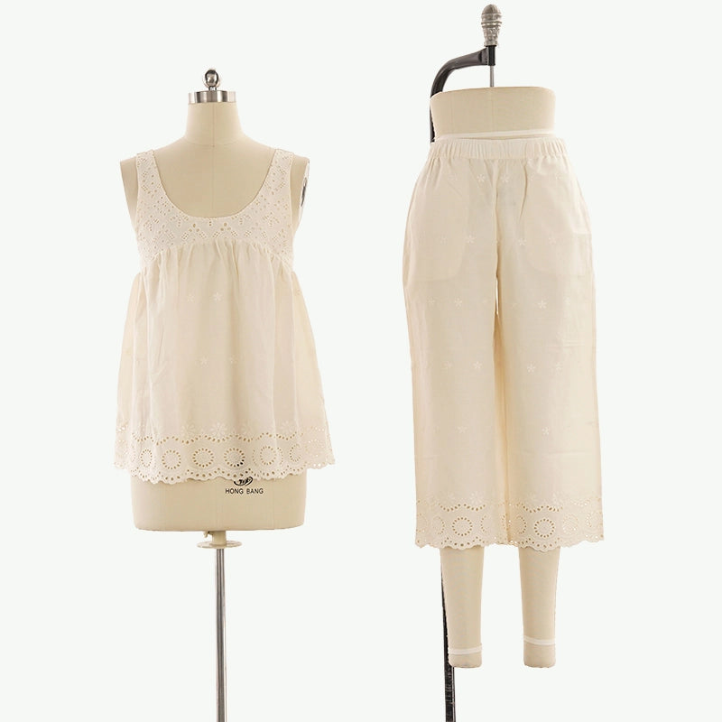 Plain Embroidery Sleeveless 3/4 Pant PJ Set Wholesale Cotton Sleepwear