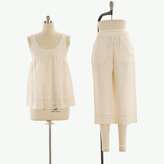 Plain Embroidery Sleeveless 3/4 Pant PJ Set Wholesale Cotton Sleepwear