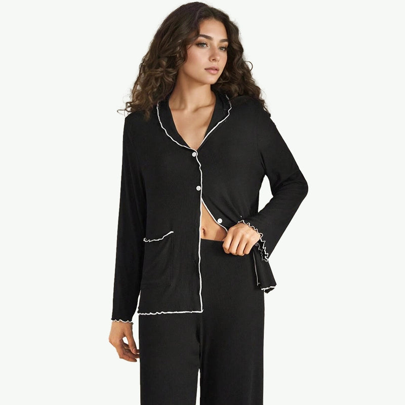Premium Contrast Frill Ribbed Button-Down Pajama Set Bulk Womens Loungewear