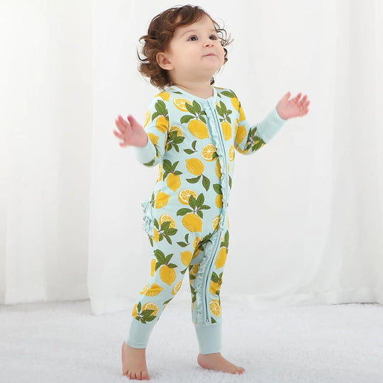Fabricante de mamelucos para bebés con cremallera y estampado de frutas personalizado
