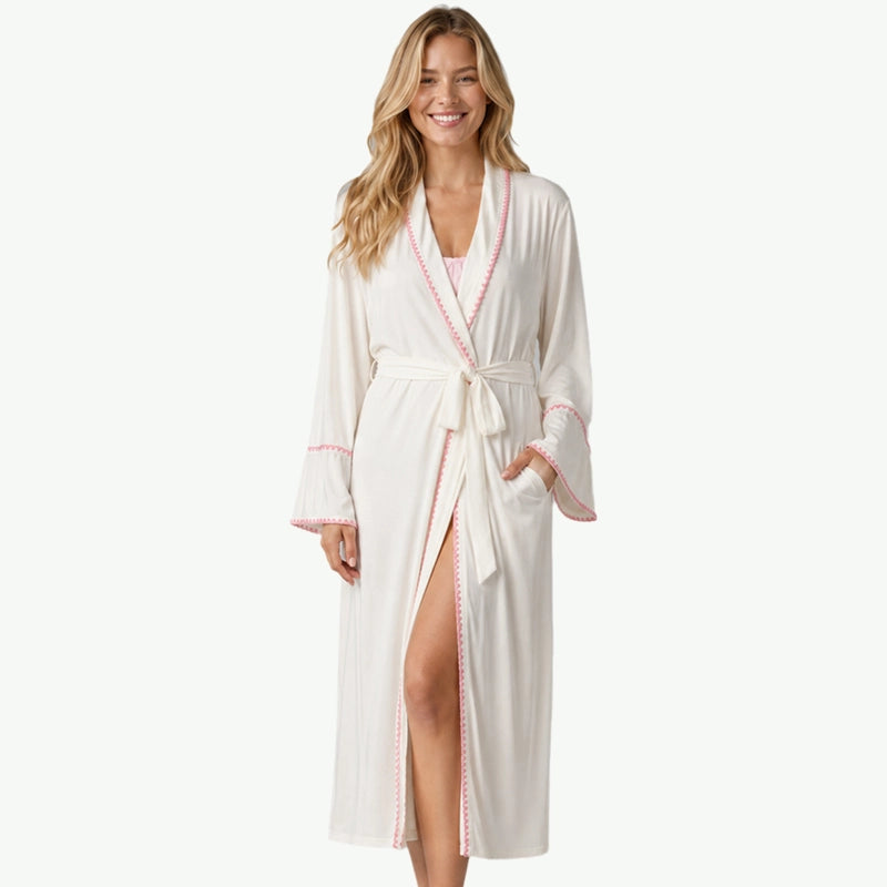 Bulk Personalized Soft Bamboo Ladies Bathrobes with Pink Crochet Trim Accent
