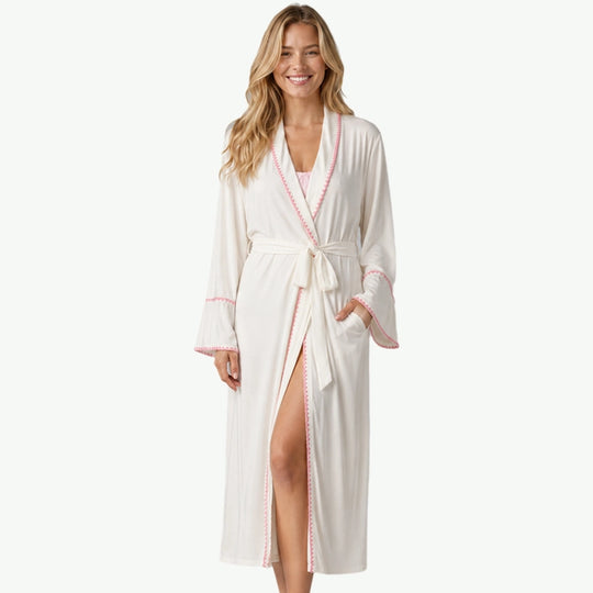 Bulk Personalized Soft Bamboo Ladies Bathrobes with Pink Crochet Trim Accent
