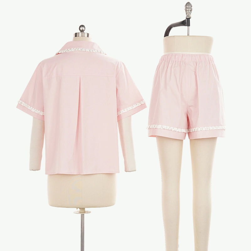 Summer Cute Ruffle Collar Tie Front Pajama Set Wholesale Vendors USA