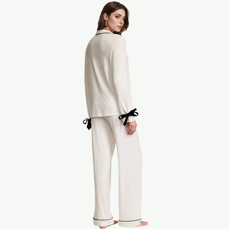 Bulk Soft Velvet-Trim Long Pajama Set Wholesale Tencel Sleepwear