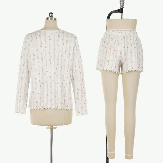 Women's Floral Pajama Set Wholesale Supplier - Long Sleeve & Lettuce Trim Shorts