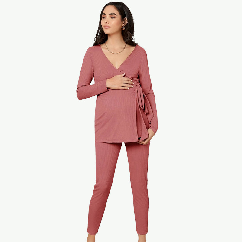 Rib-knit Wrap Front Nursing Top & Leggings Maternity Pajama Wholesale