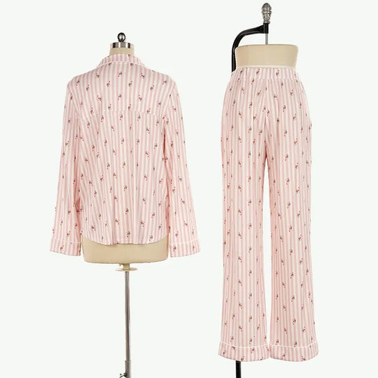Pink Striped Custom Floral Print Women Pajama Sets Wholesale Vendors