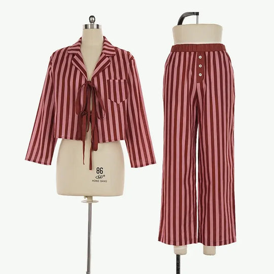 Wholesale Striped Women's Pajama Set, Custom Crop Top Wide Leg Sleepwear Supplier