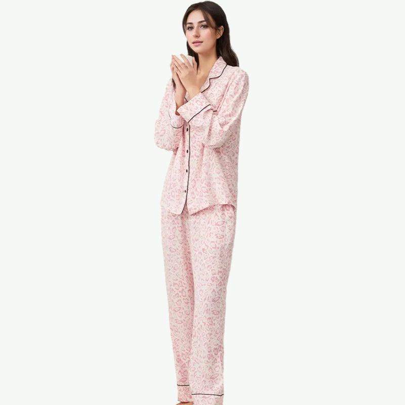 Popular Pink Leopard Print Long sleeve +Trousers Women Custom Sleepwear Supplier