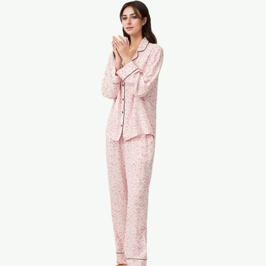 Popular Pink Leopard Print Long sleeve +Trousers Women Custom Sleepwear Supplier