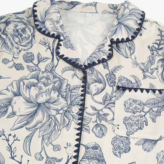Vintage Bird & Floral Print Pjs Wholesale Scalloped Trim Sleepwear