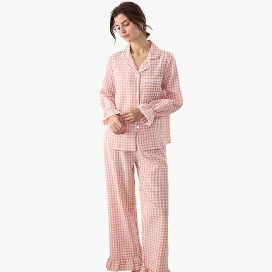 Pink Gingham Ruffle Cotton Pajamas Wholesale Manufacturer