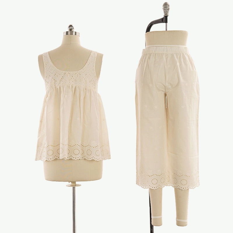 Plain Embroidery Sleeveless 3/4 Pant PJ Set Wholesale Cotton Sleepwear
